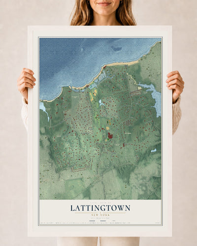 Lattingtown, New York map print, 24" x 36" W/ White Ayous Wood Frame mockup