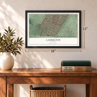 Laurelton, New York map, 12 x 18 inch print in a black frame in an entryway