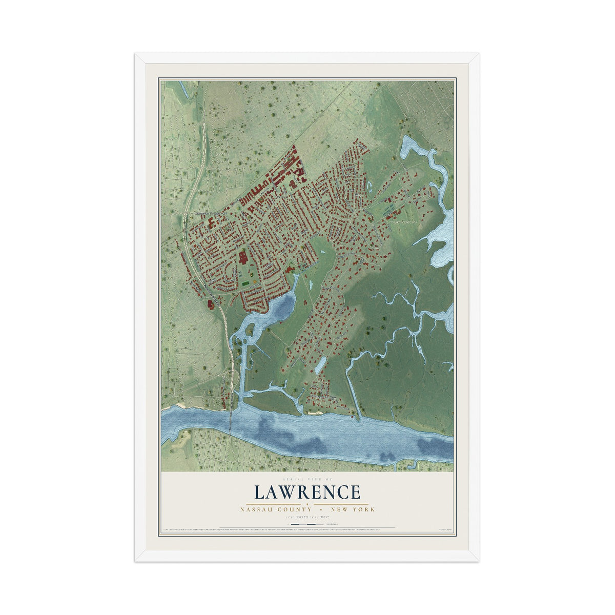 Lawrence, New York map print, 12" x 18" W/ White Ayous Wood Frame mockup