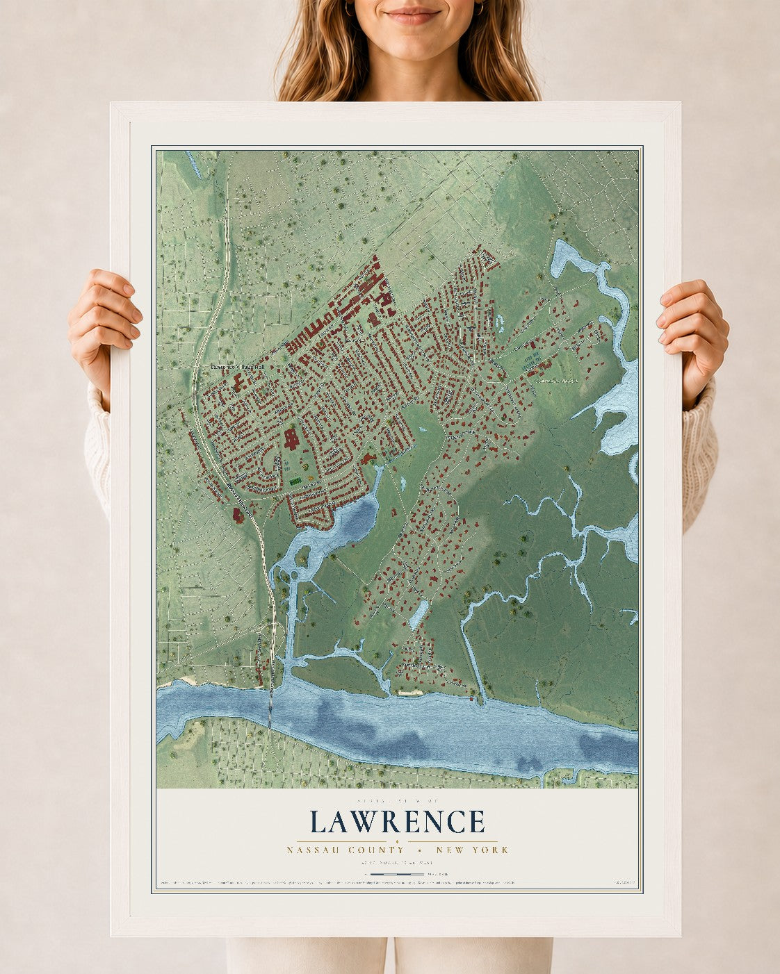 Lawrence, New York map print, 24" x 36" W/ White Ayous Wood Frame mockup
