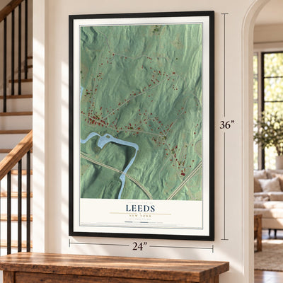 Leeds, New York map, 24 x 36 inch print in a black frame by a staircase