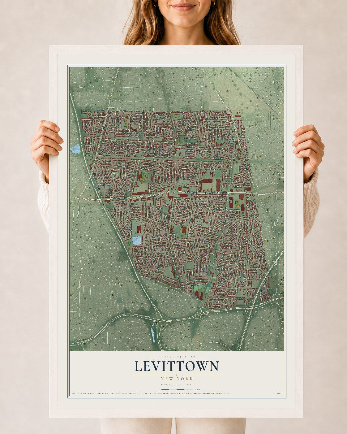 Levittown, New York map print, 24" x 36" W/ White Ayous Wood Frame mockup