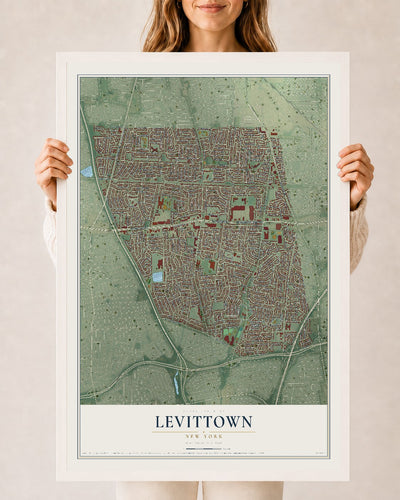 Levittown, New York map print, 24" x 36" W/ White Ayous Wood Frame mockup