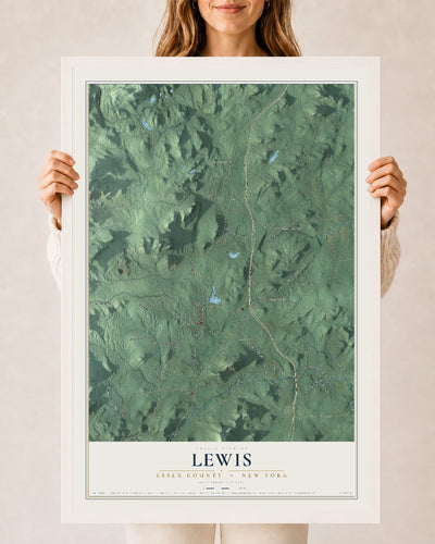 Map of Lewis, Essex County, New York, 24 x 36 inch print in a white wood frame