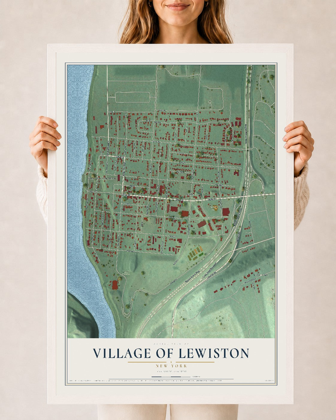 Lewiston, New York map print, 24" x 36" W/ White Ayous Wood Frame mockup