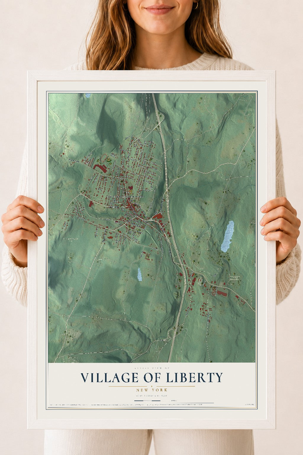 Liberty, New York map print, 18" x 24" W/ White Ayous Wood Frame mockup