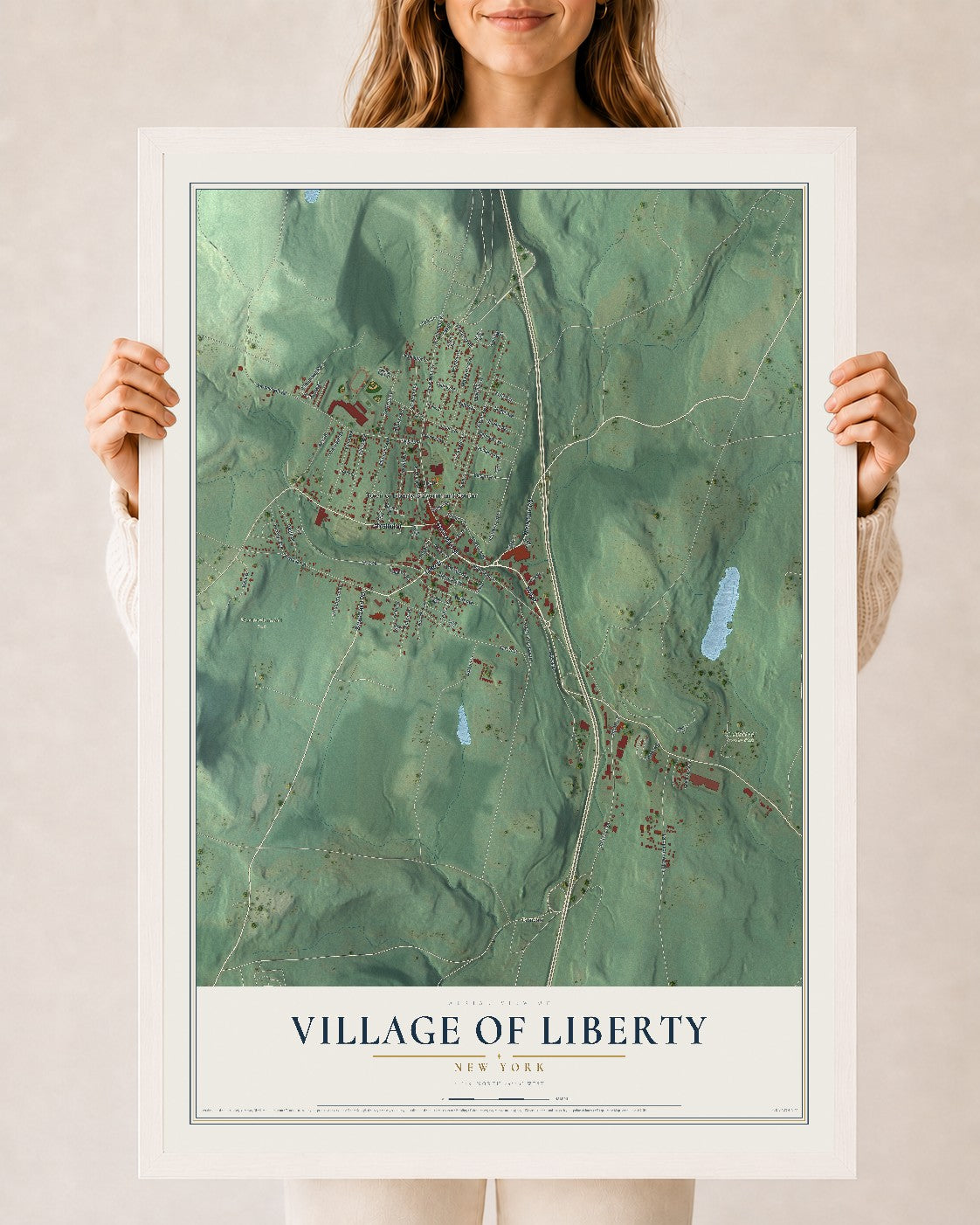 Liberty, New York map print, 24" x 36" W/ White Ayous Wood Frame mockup