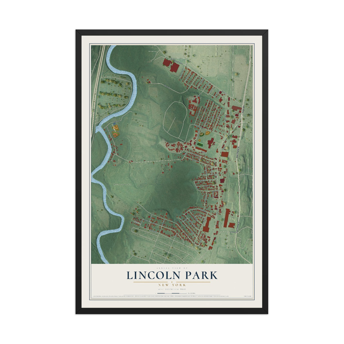 Lincoln Park, New York map print, 12" x 18" W/ Black Ayous Wood Frame mockup