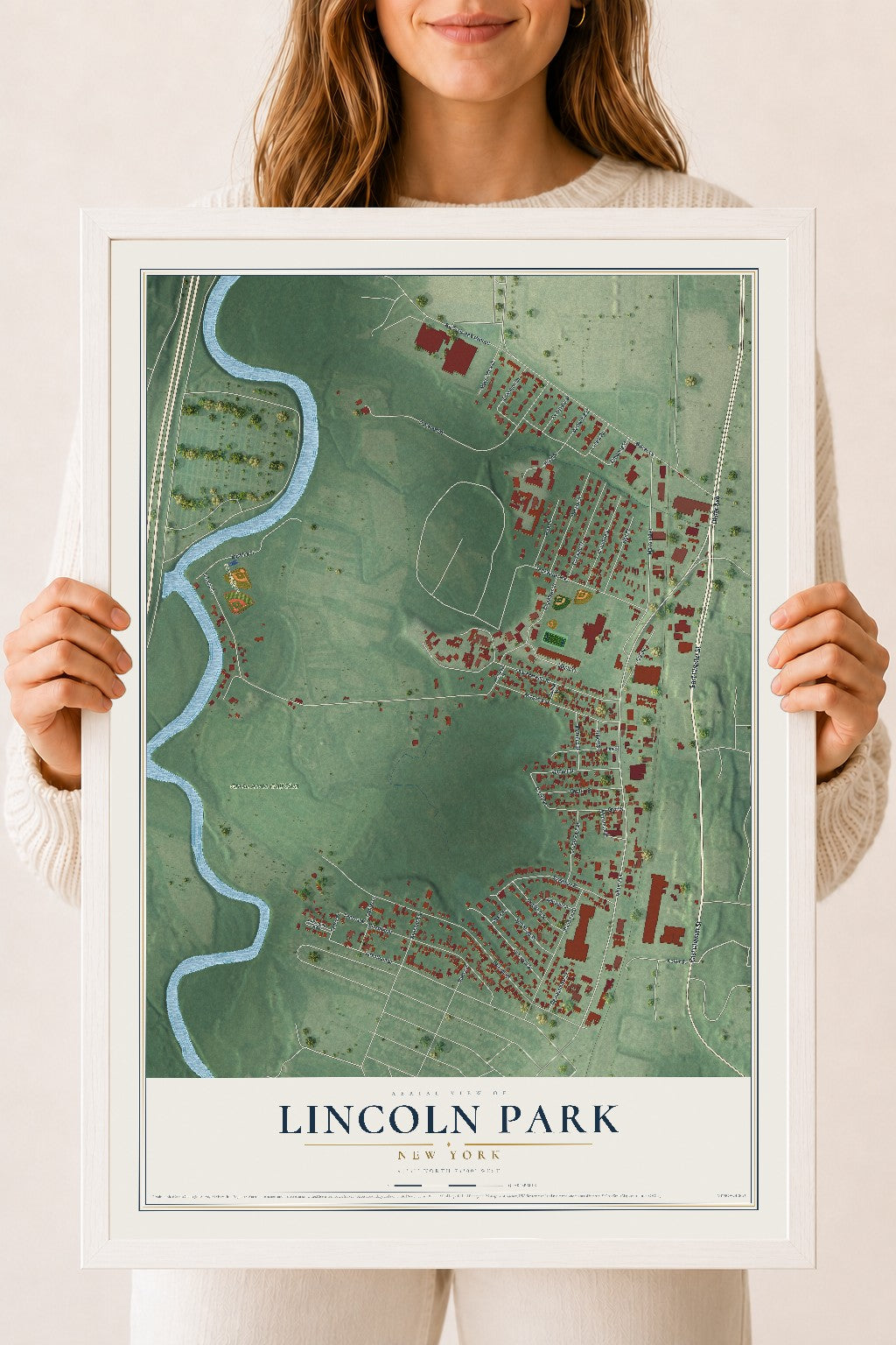 Lincoln Park, New York map print, 18" x 24" W/ White Ayous Wood Frame mockup