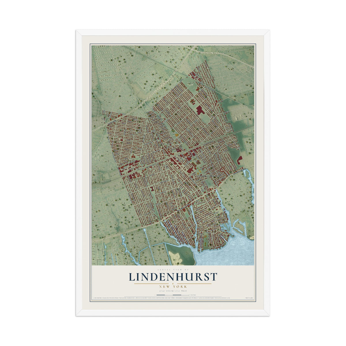 Lindenhurst, New York map print, 12" x 18" W/ White Ayous Wood Frame mockup