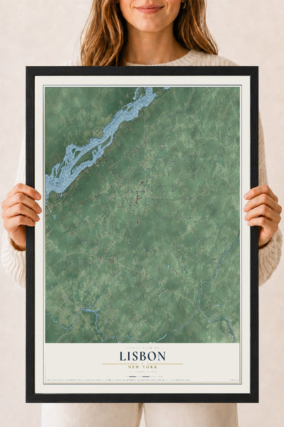 Lisbon, New York map print, 18" x 24" W/ Black Ayous Wood Frame mockup