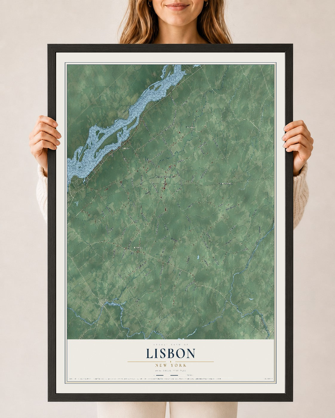 Lisbon, New York map print, 24" x 36" W/ Black Ayous Wood Frame mockup