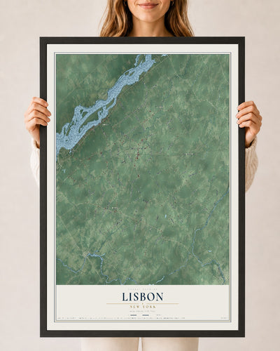 Lisbon, New York map print, 24" x 36" W/ Black Ayous Wood Frame mockup
