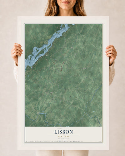 Lisbon, New York map print, 24" x 36" W/ White Ayous Wood Frame mockup