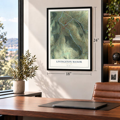 Livingston Manor, New York map, 18 x 24 inch print in a black frame in a home office
