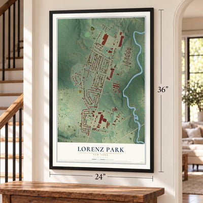 Lorenz Park, New York map, 24 x 36 inch print in a black frame by a staircase