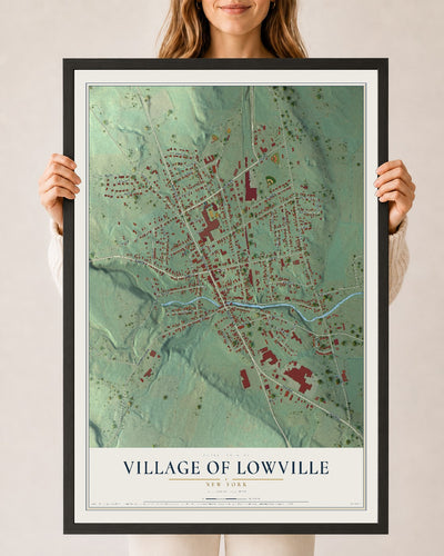 Lowville, New York map print, 24" x 36" W/ Black Ayous Wood Frame mockup