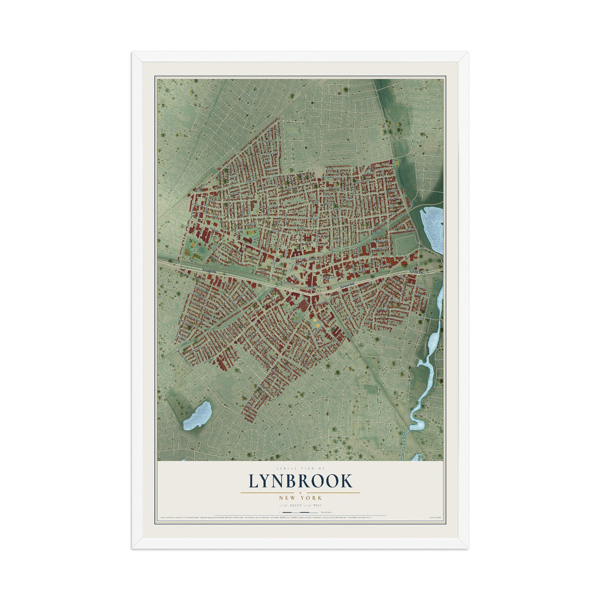 Lynbrook, New York map print, 12" x 18" W/ White Ayous Wood Frame mockup