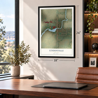 Lyndonville, New York map, 18 x 24 inch print in a black frame in a home office
