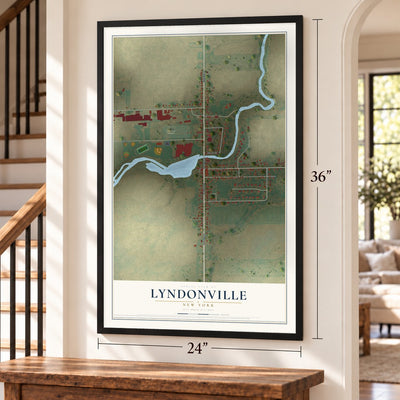 Lyndonville, New York map, 24 x 36 inch print in a black frame by a staircase