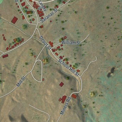 Close-up of the map of Lyon Mountain, New York print showing street and building detail