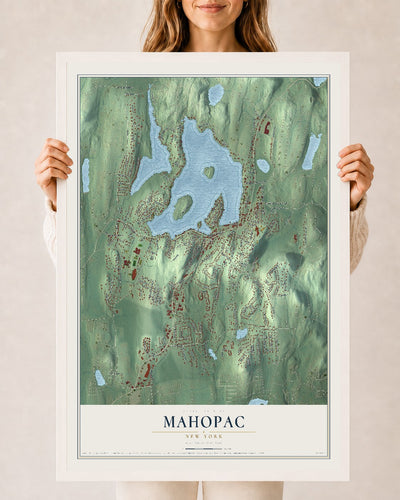 Mahopac, New York map print, 24" x 36" W/ White Ayous Wood Frame mockup