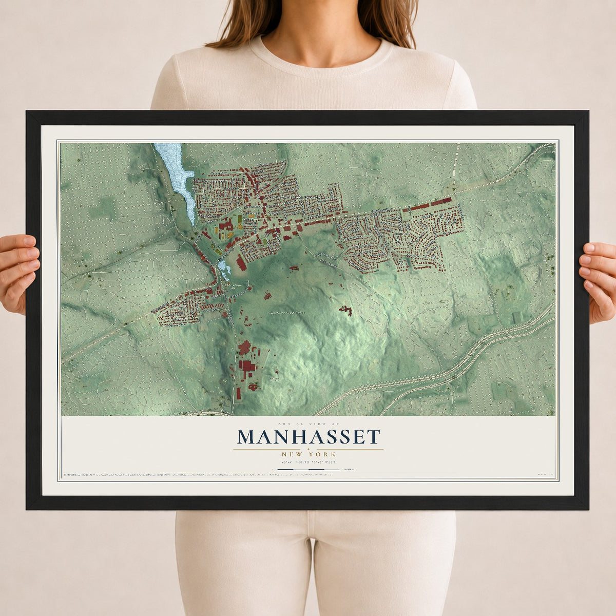 Manhasset, New York map print, 18" x 24" W/ Black Ayous Wood Frame mockup