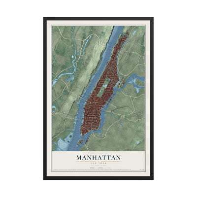 Map of Manhattan, New York, 12 x 18 inch print in a black wood frame