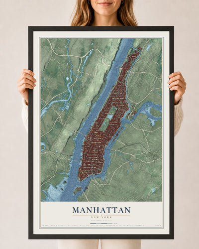 Map of Manhattan, New York, 24 x 36 inch print in a black wood frame