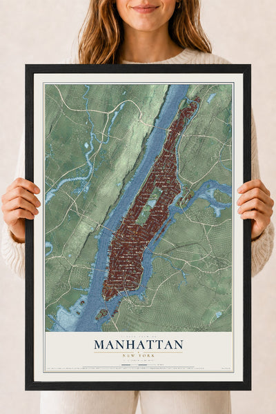 Manhattan, New York map print, 18" x 24" W/ Black Ayous Wood Frame mockup