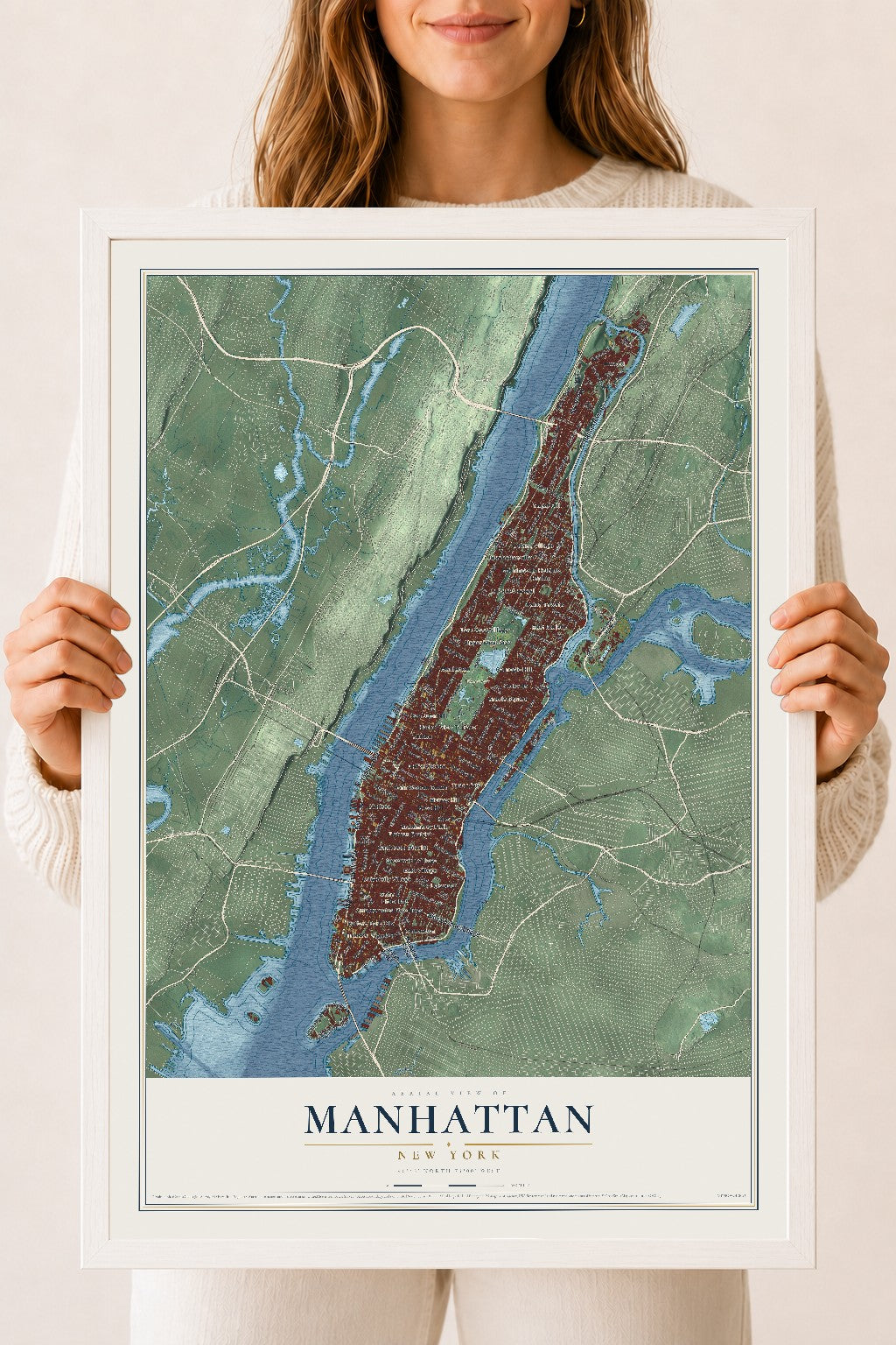 Manhattan, New York map print, 18" x 24" W/ White Ayous Wood Frame mockup