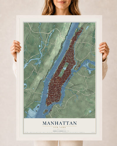 Manhattan, New York map print, 24" x 36" W/ White Ayous Wood Frame mockup