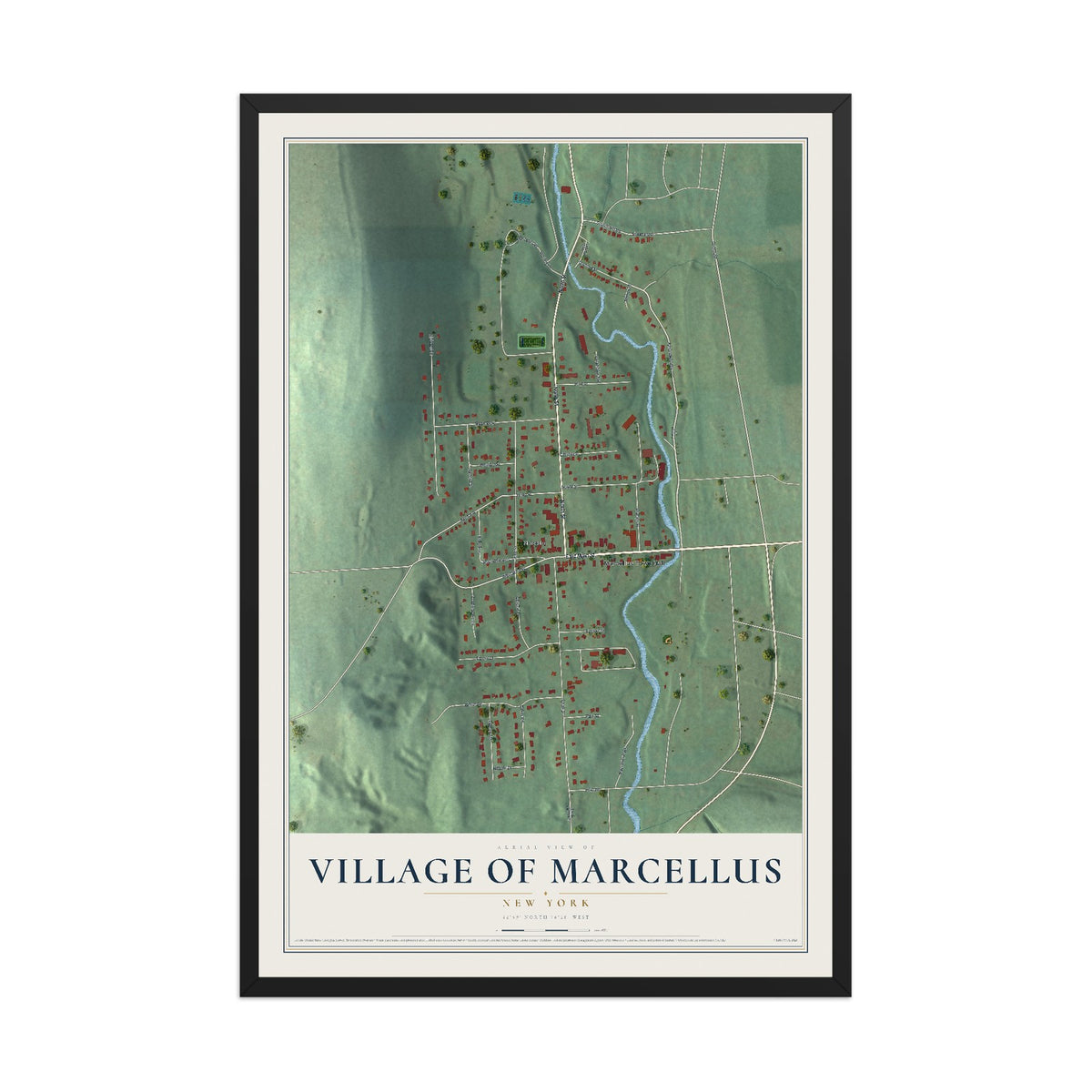 Marcellus, New York map print, 12" x 18" W/ Black Ayous Wood Frame mockup