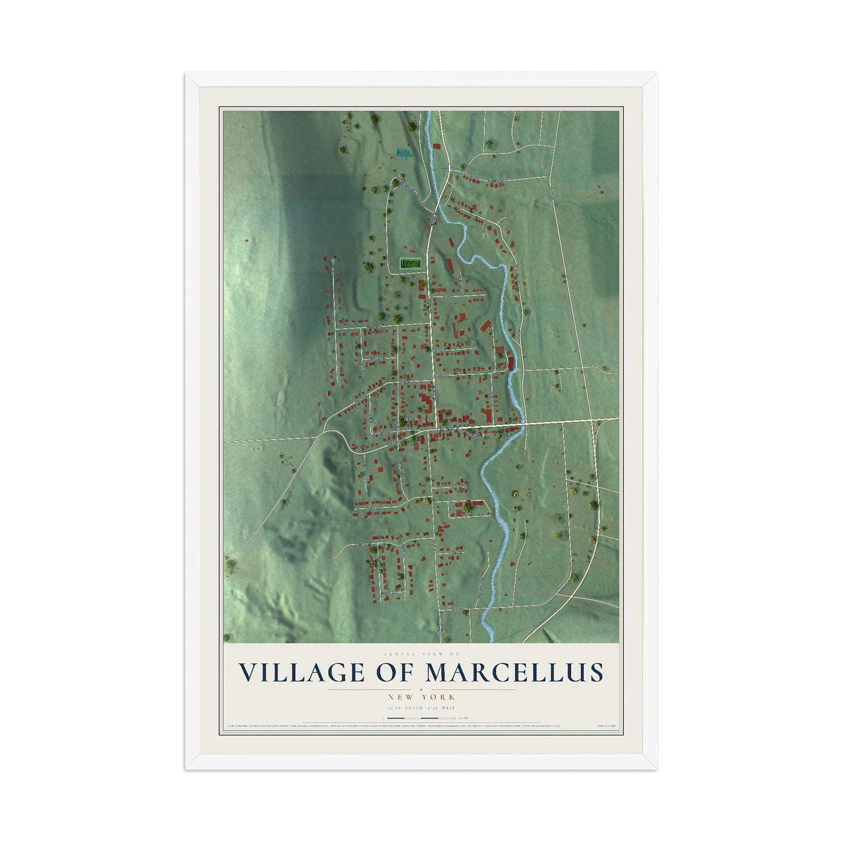 Marcellus, New York map print, 12" x 18" W/ White Ayous Wood Frame mockup