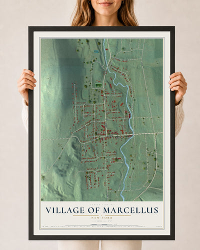 Marcellus, New York map print, 24" x 36" W/ Black Ayous Wood Frame mockup