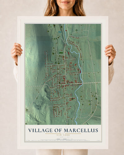 Marcellus, New York map print, 24" x 36" W/ White Ayous Wood Frame mockup