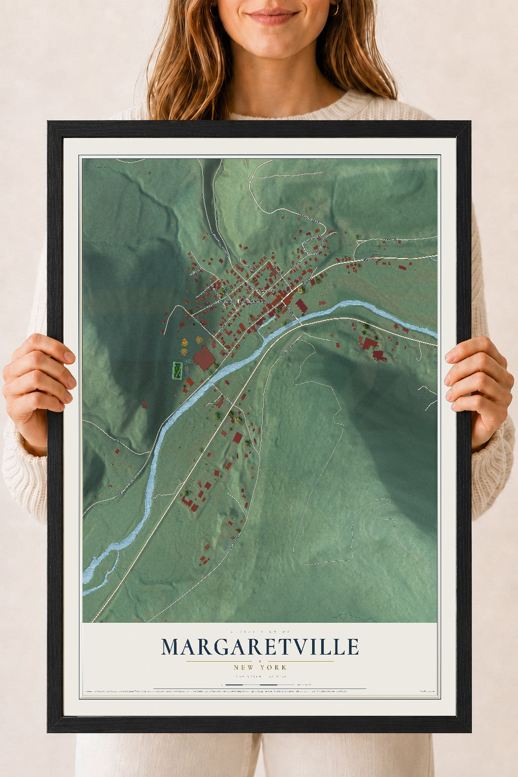 Margaretville, New York map print, 18" x 24" W/ Black Ayous Wood Frame mockup