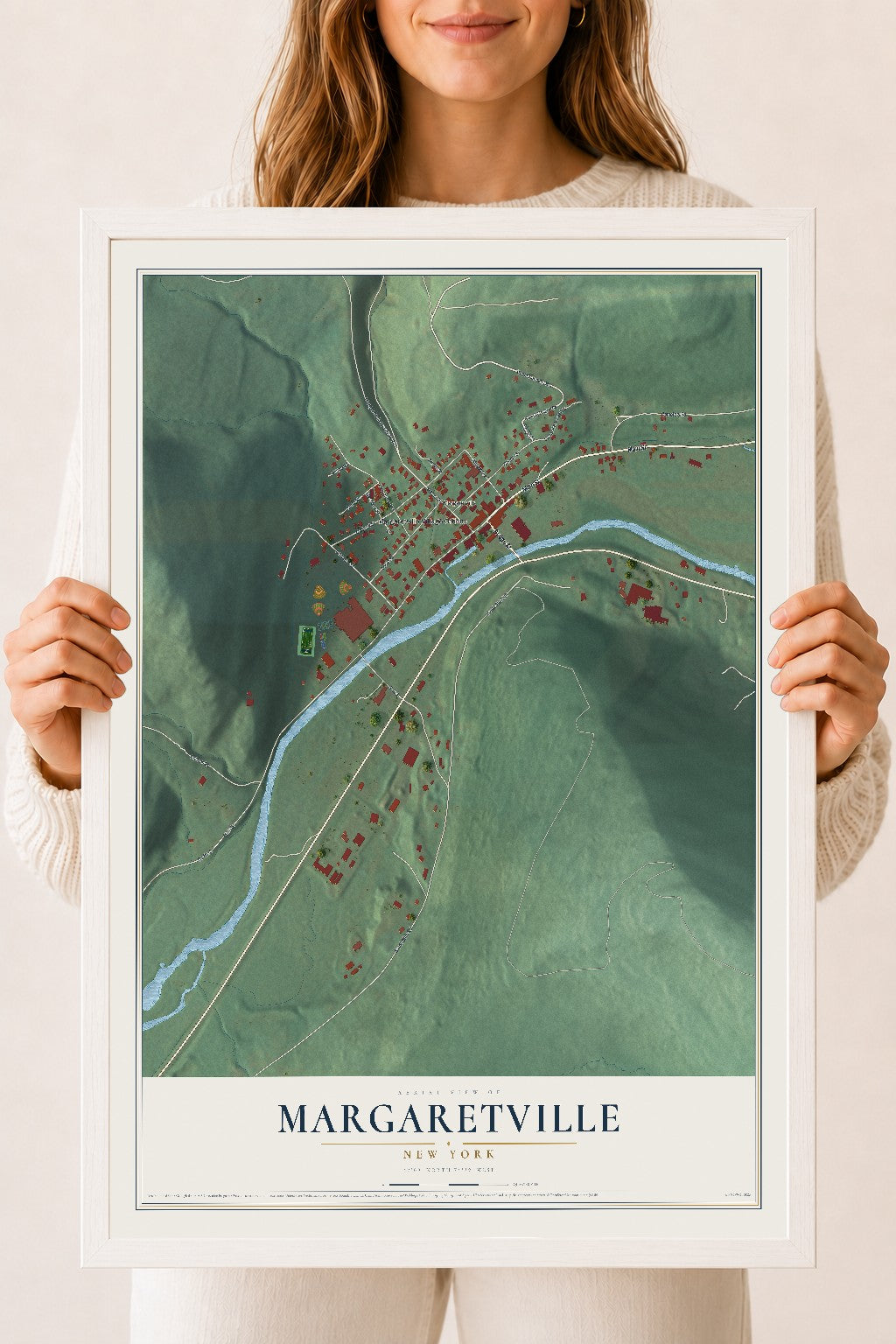 Margaretville, New York map print, 18" x 24" W/ White Ayous Wood Frame mockup
