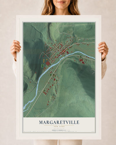 Margaretville, New York map print, 24" x 36" W/ White Ayous Wood Frame mockup