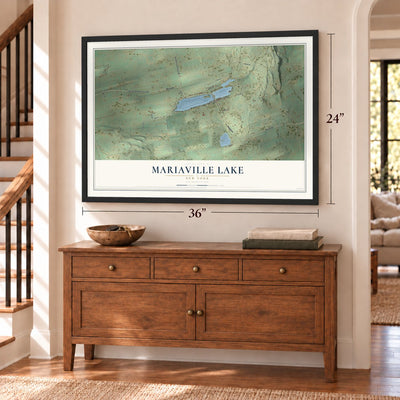Mariaville Lake, New York map, 24 x 36 inch print in a black frame above a dresser by a staircase