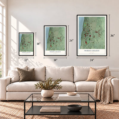Marist College, New York map in 12 x 18, 18 x 24 and 24 x 36 inch sizes above a sofa