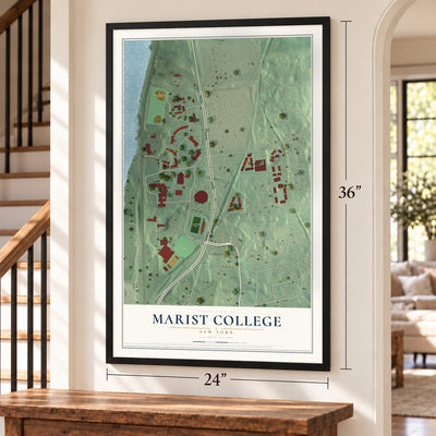 Marist College, New York map, 24 x 36 inch print in a black frame by a staircase