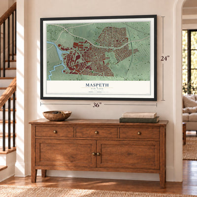 Maspeth, New York map, 24 x 36 inch print in a black frame above a dresser by a staircase