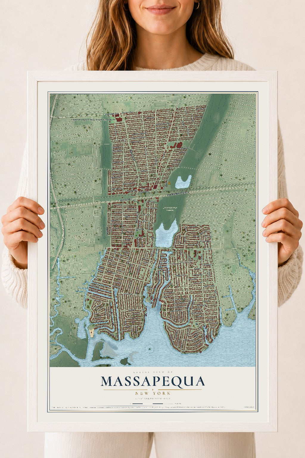 Massapequa, New York map print, 18" x 24" W/ White Ayous Wood Frame mockup