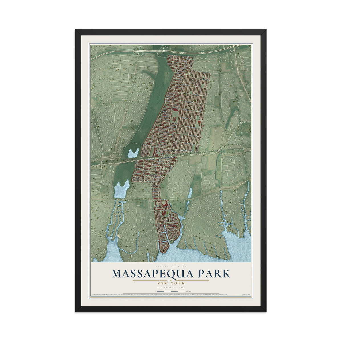 Massapequa Park, New York map print, 12" x 18" W/ Black Ayous Wood Frame mockup