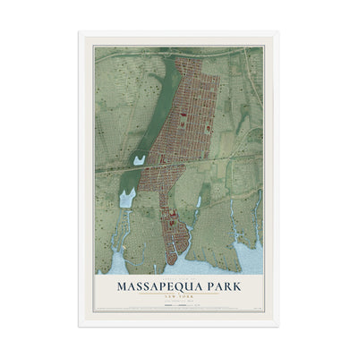 Massapequa Park, New York map print, 12" x 18" W/ White Ayous Wood Frame mockup