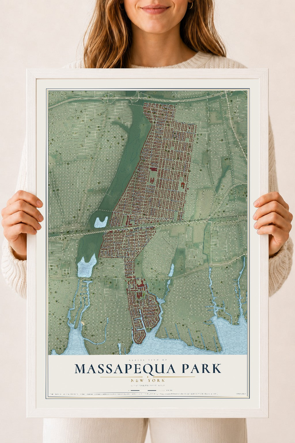 Massapequa Park, New York map print, 18" x 24" W/ White Ayous Wood Frame mockup