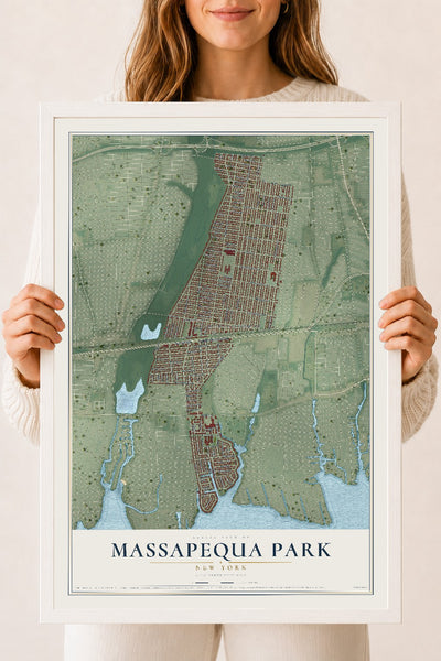 Massapequa Park, New York map print, 18" x 24" W/ White Ayous Wood Frame mockup