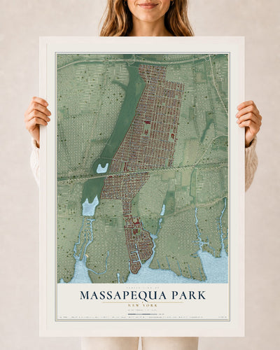 Massapequa Park, New York map print, 24" x 36" W/ White Ayous Wood Frame mockup