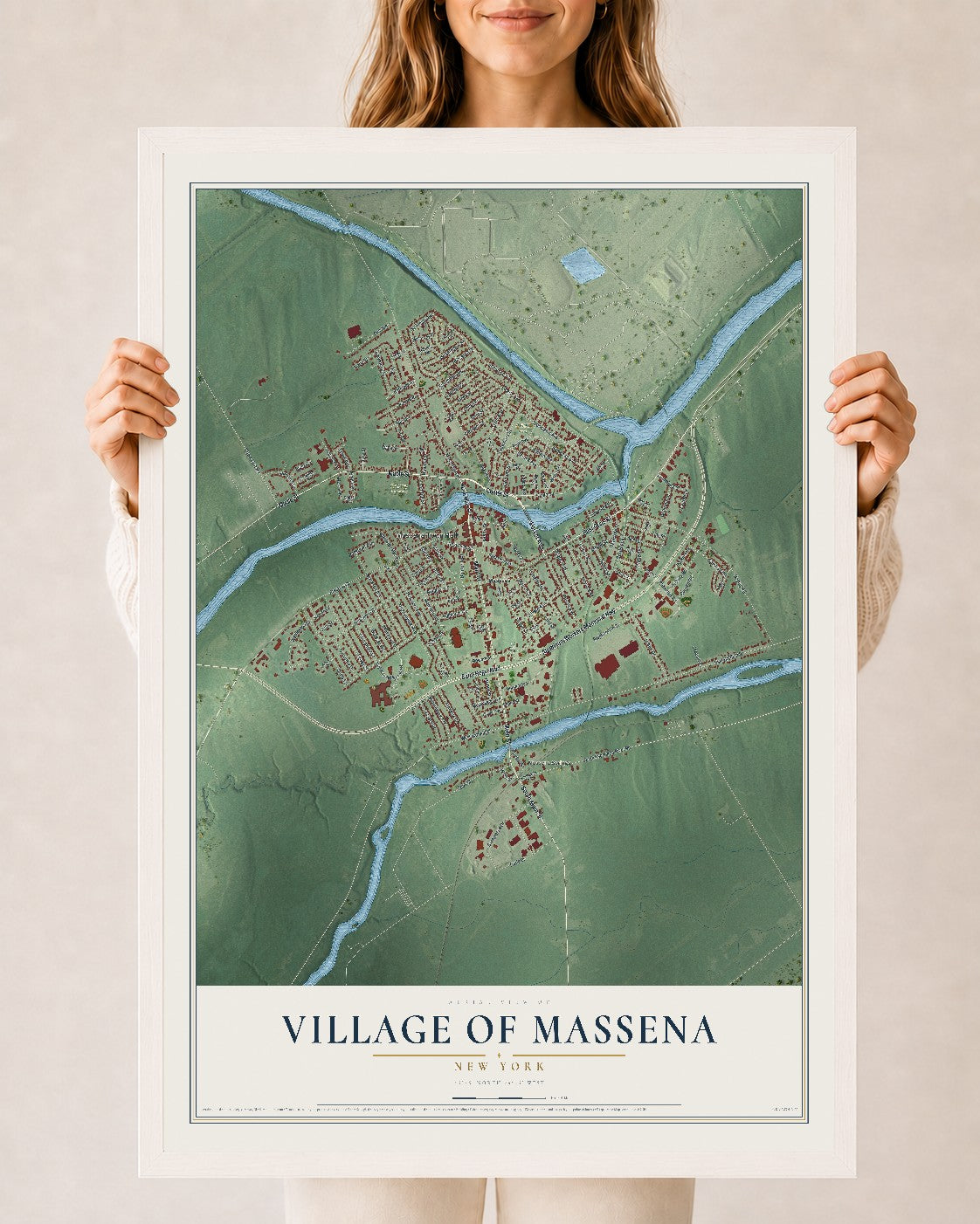 Massena, New York map print, 24" x 36" W/ White Ayous Wood Frame mockup